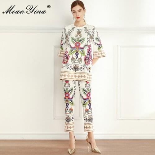 MoaaYina Fashion Designer Set Spring Womens Half sleeve Beaded Loose Blouses Tops+3/4 pants Indie Folk Print Two-piece suit