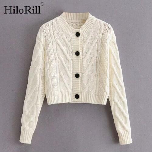 HiloRill Elegant White Cropped Cardigan Women O Neck Twist Sweater 2021 Autumn Winter Long Sleeve Knitted Cardigans Tops Sueter