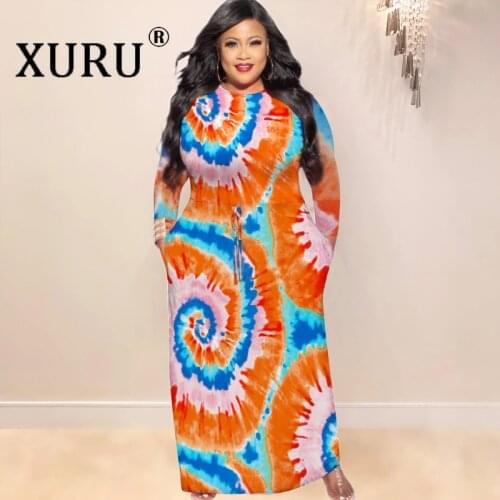 XURU Tie-dye Print Plus Size Dress Hot Round Neck Long Sleeve Long Dress