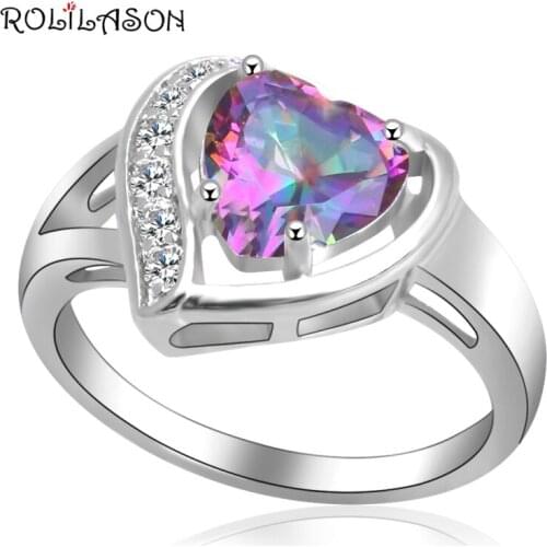 ROLILASON Weeding gift Heart desgin ring for women multicolor zircon white crystal silver color Rings USA size #6#7#8#9#10 OR916