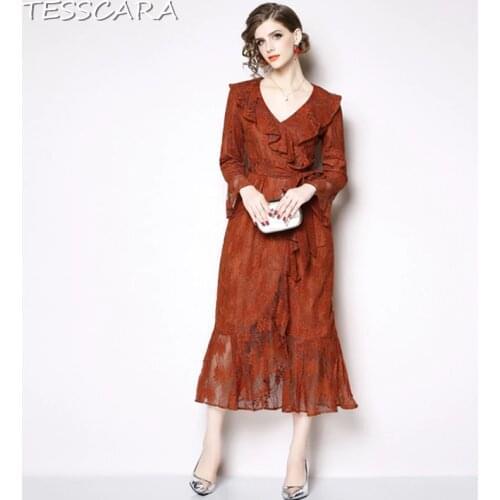 TESSCARA Women Elegant Ruffle Lace Dress Festa Female Vintage Designer Party Vestidos High Quality Office Retro Long Robe Femme