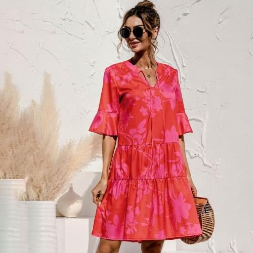 2021 New Fashion Casual V-neck Womens Dress Elegant Loose Print Patchwork Flare Sleeve Beach Party Summer Dresses For Femme