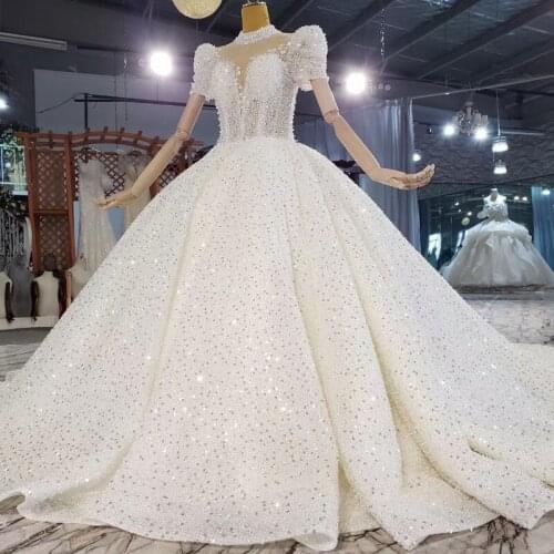 Arabic Dubai Shiny Crystals High Neck Sheer Bride Ball Gown Long Princess Wedding Dress Short Sleeves Vestido De Novia