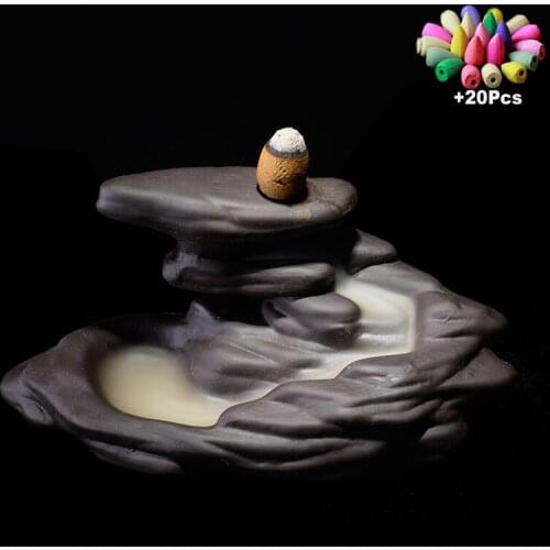 +20 Incense Cones Black Ceramic Incense Burner Smoke Backflow Cone Cense Holder Home Incense Furnace Candle Aromatherapy Furnace