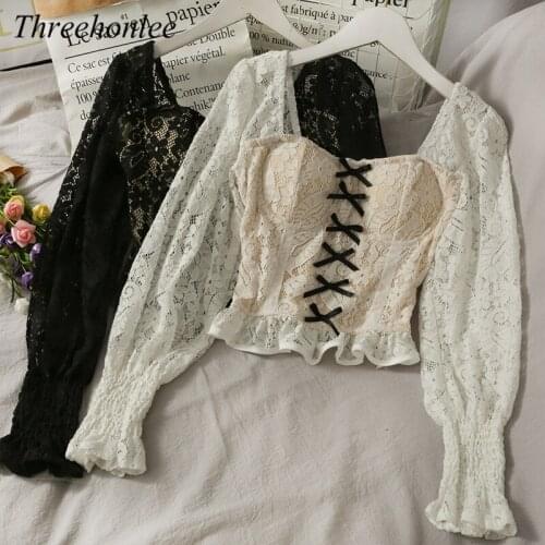 Vintage Gothic Lace Woman Shirt Blouse 2021 Spring Autumn Bow Design Ruffle Ins Fashion Female Chic Blouse Crop Tops