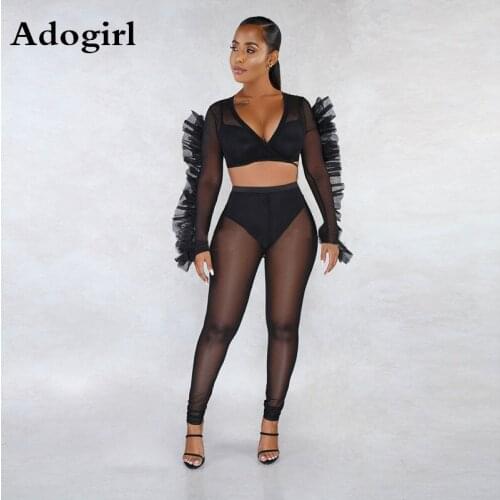 Black Color Perspective Mash Patchwork Sexy Style Women 2 Piece Set Long Ruffles Sleeve V Neck Slim Top And High Waist Pants