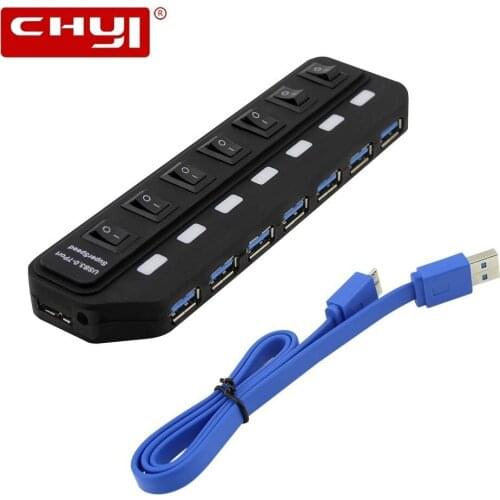 CHYI 7 Port USB3.0 Hub Speed LED Light Multi USB Splitter with EU/US/UK/AU Power Adapter On/Off Switch for PC Tablet Laptop