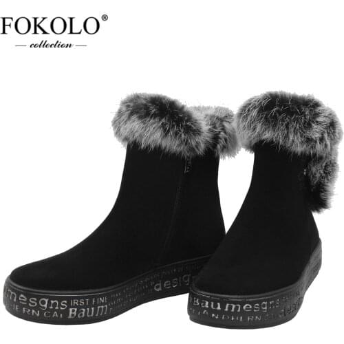 FOKOLO Ankle Boots for Women Round Toe Kid Suede Platform Zipper Snow Boots 2020 Warm Comfortable Genuine Leather Lady Shoes X3