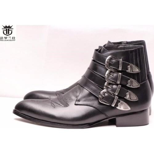 FR.LANCELOT New style Leather Casual Ankle Boots Fashion Chelsea Boot Ankle Boots Mens Fashion Spring Autumn Buckle Boots