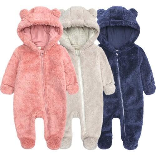 0-12Months winter Warm plush Newborn Baby Boys Winter Fleece Jumpsuit Solid Hooded Romper Zipper Coat Outwear Footwear Korean M5