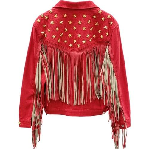Spring Star Rivet Tassel Denim Jacket Fashion Outerwear Women Single Breasted Basic Coat Red Blue Black Jeans Jacket Windbreaker