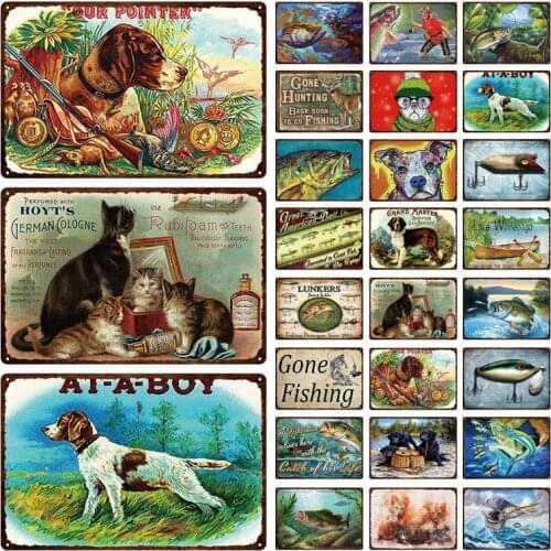 Fish And Dog Metal Tin Sign Shabby Chic Field Fishing Natural Landscape Iron Poster Retro Anti-fading Decorative Plaque Painting