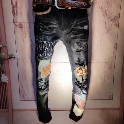Autumn Jeans Mens Jeans Hip Hop Jeans Men High Street Fashion Brand New Black Patch Embroidery Stretch Slim Fit Jeans Mens