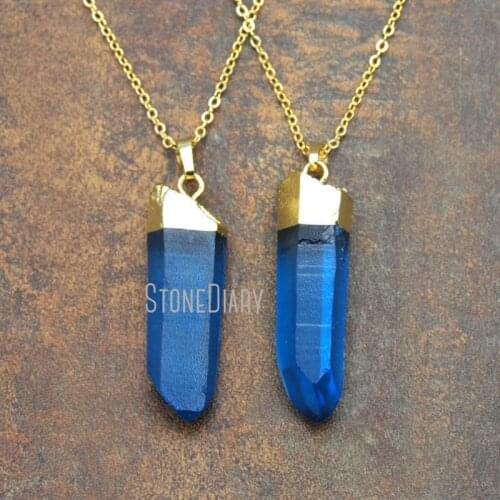 Wholesale Blue Freeform Crystal Quartzs Hexagonal Prisms Necklace With Gold Plating Single Bail Crystal Pendant Necklace NM11573