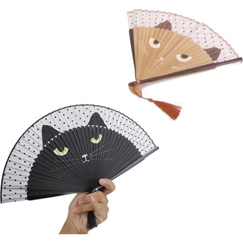 Silk Folding Fan Innovative Hand-Painted Cartoon Cat Baking Varnish Handle Fan Hand Fan Folding Wedding Silk Party respectable