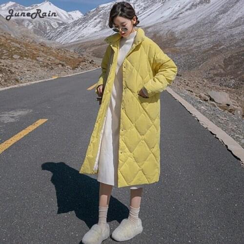 JuneRain 2021 Women Solid Rhombus Patt Parkas Female Casual Turn Down Collar Simple Outerwears Lady Winter Warm Long Down Coat
