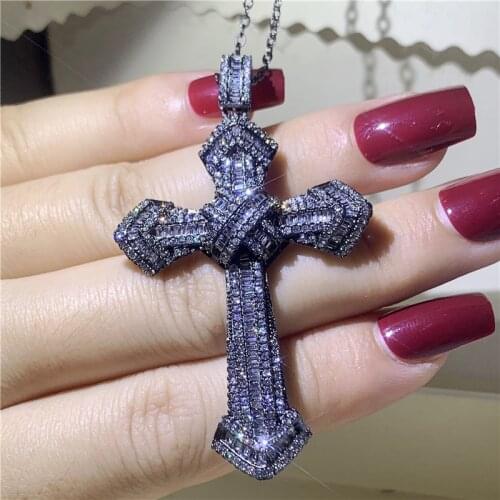 Luxury Big Cross pendant Black Gold 925 silver AAAAA Cz Party Wedding Pendants with necklace for Women Men Jewelry Gift