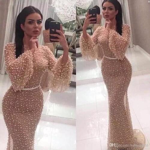 Luxury Mermaid Arabic Kafan Dubai Champagne Mermaid Abiye Evening Dresses 2020 Beaded Prom Dresses Formal Party Gown