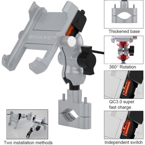 Waterproof Aluminum Alloy Smart Phone Mount Handlebar Stand Holder With QC3.0 USB Intelligent Recognition Fast Charge
