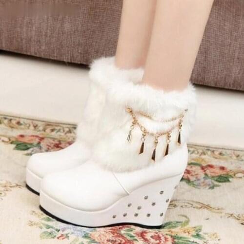 2021 Wedge Women Boots Beaded Winter Women Shoes Platform Warm Fur Shoes Woman Ankle White Snow Boots