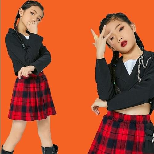Girls Jazz Dance Costumes Black Tops Stripe Skirt Suit Ballroom Hip Hop Dance Clothes Performance Street Dance Clothing DQS6270