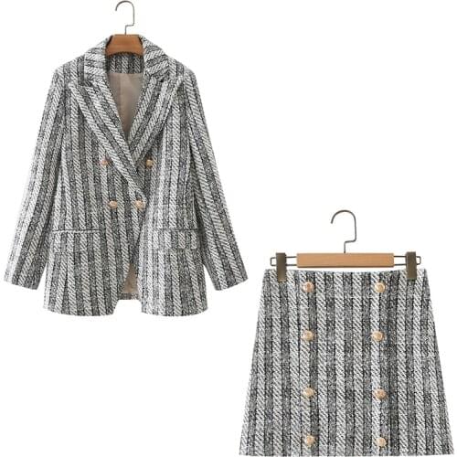Spring and autumn womens casual striped double-breasted pocket decoration jacket + high waist button decoration skirt suit