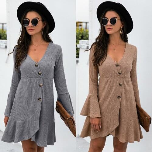 Women Autumn Solid Color A-Line Dresses Robe Femme Irregular Button Decor V-Neck Flare Long Sleeve Slim Dress For Woman Vestido