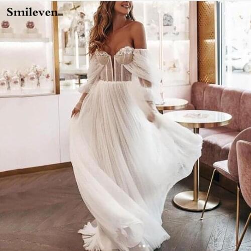 Smileven Pleat Boho Wedding Dress 2021 Puff Sleeves Lace Bridal Gowns Off The Shoulder Vestido De Noiva Puffy Wedding Gowns