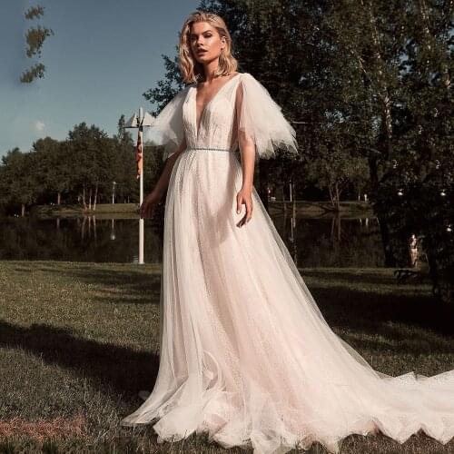 UZN Elegant A Line Gliiter Tulle Wedding Dress Short Sleeves V Neck Bridal Gown Beading Belt Sexy Backless Vestido De Novia