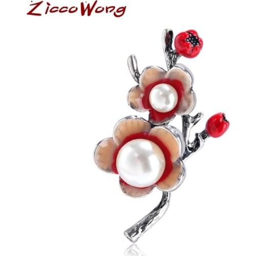 ZiccoWong Women Brooch Plum Flower Fashion Design Pearl 3D Bag Pins Lapel Badges For Girl Women Fashion Gift