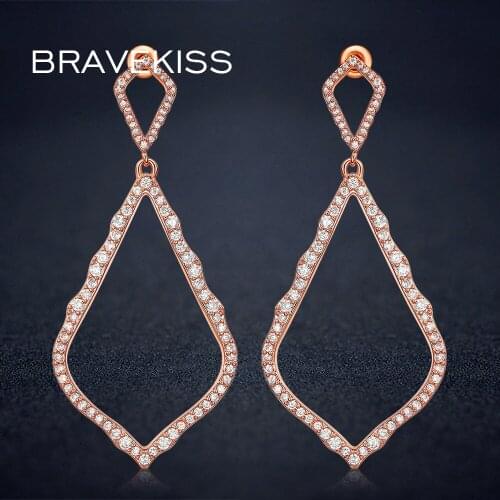 BRAVEKISS Big Drop Earrings Female Rose Gold Color Rhombic Hollow Dangle Earrings CZ Piercing EarDrop Jewelry Luxury BUE0319