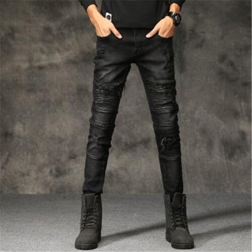 Fashion Streetwear Mens Jeans Destroyed Ripped Design Pencil Pants Skinny Trousers Men Full Length Jeans Men Pants