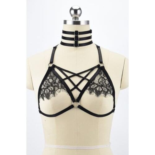 Black Lace Harness Bra Womens Fetish Cage Bra Body Bondage Lingerie Bodysuit Crop Top Body Harness Necklace Gothic O0493