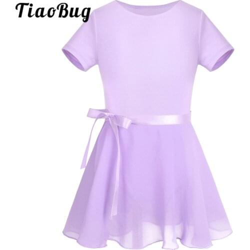 TiaoBug Kids Cotton Short Sleeve Ballet Tutu Dress Ballerina Dance Leotard with Chiffon Ballet Skirt Girl Gymnastics Leotard Set