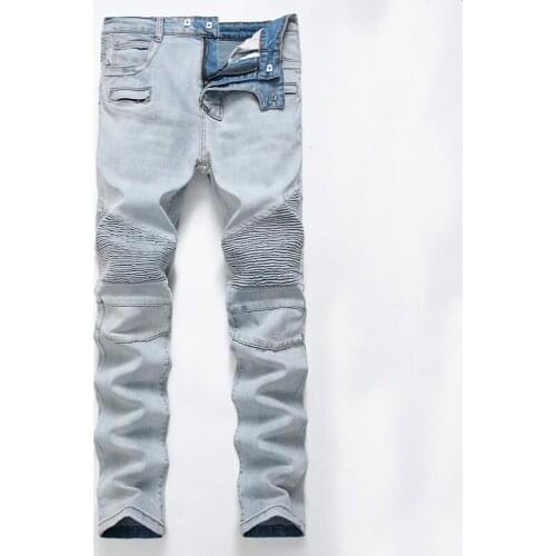 2018 New Skinny Biker Jeans Men High Stretched Fashion Jeans with Zippers Pleated Slim Jean Mens Scratched Pants Trousers 1711