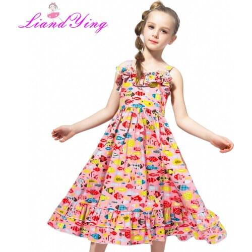 Baby Girls Cotton Dress Brand Summer Beach Style Fish Fox Print Party Dresses For Girls Vintage Toddler Girl Clothing 2-12Yrs