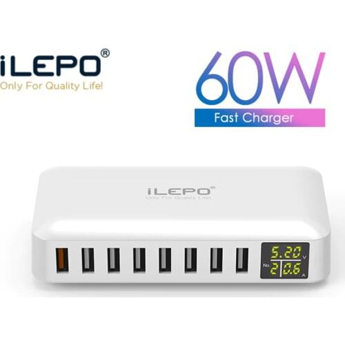 ILEPO 60W 8 USB Charger HUB Smart Quick Charge LED Display Multi USB Charging Station Mobile Phone Charger Desktop Wall Home