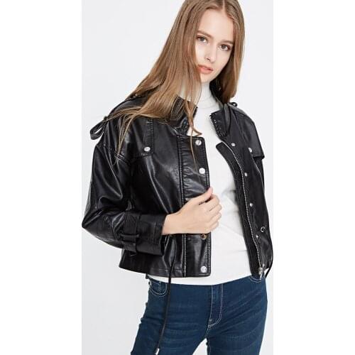 FMFSSOM Faux Leather Short Jacket Belt Adjustable Waist Black Coat Women Autumn Long Sleeve Casual Moto Biker Warm Outwear
