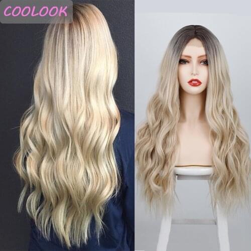 Synthetic Body Wave Lace Front Wig 24inch Ombre Blonde Natural Wave Lace Wigs for Women Heat Resistant Fake Hair Supple Wavy Wig
