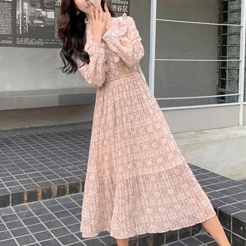Spring Summer Floral Chiffon Women Dress Elegant Ladies Vintage Long Dress Casual Office Print Long Sleeve Vestidos Clothing