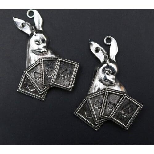 Rabbit Pendants, Domineering Rabbit Charms, Bunny Poker King Charms, DIY Metal Jewelry Charms, Silver Plated 47*34mm A1519 4pcs