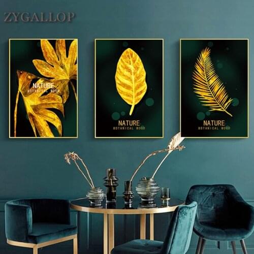 Plant Leaves Posters And Prints Gold Wall Art Abstract Canvas Painting Nordic Green NATURE Wall Pictures For Living Room Decor