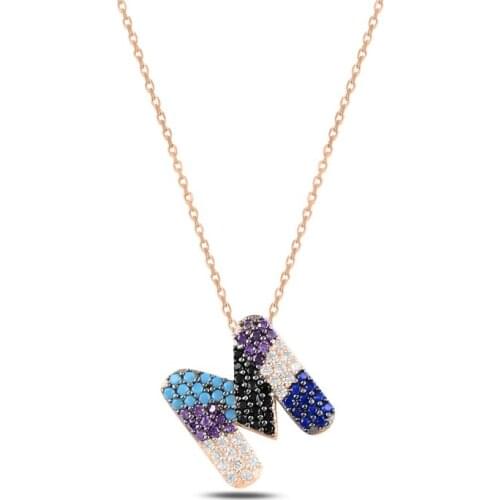 Silver 925 Sterling-M-Letter Colorful Zircon Stone Ghost Pendant