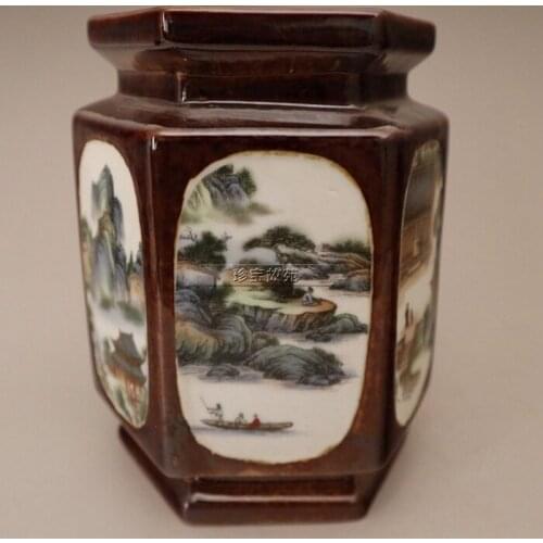 Ancient porcelain landscapes hexagonal round pen holder porcelain pen holder study utensils desk decoration