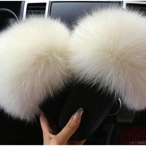 Women Fox Fur Slippers Real Fox Fur Flat Fluffy Slides Home Plush Furry Slippers Womens Luxury Shoes Summer Sandals Flip Flops