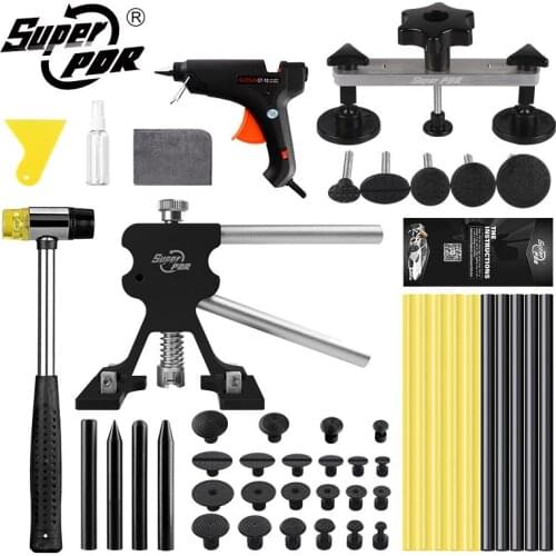 Super PDR Tools Car Paintless Dent Repair Black Dent Lifter Bridge Puller Hot Glue Gun Rubber Hammer Kit Removal Auto Body Dent