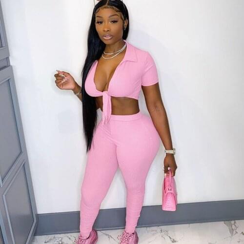 Knit ribbed slim 2 piece set outfits women solid pleat short sleeve v-neck crop top and joggers pants suit summer Streetwear Set