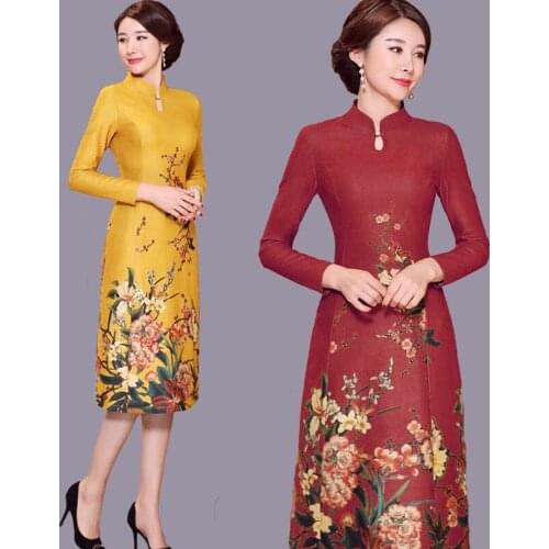 Spring Fall Chinese Women Stand Collar Yellow Red Black Floral Pattern Cheongsam Dress , Womens Slim 4xl Long Qipao Dresses
