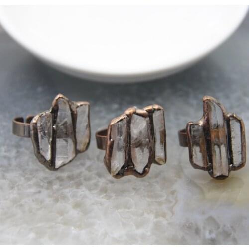 Vintage Natural White Quartz Ring,Clear Crystal Points Stick Antique Brass Edge Open Adjustable Ring,Fashion Unisex Finger Ring