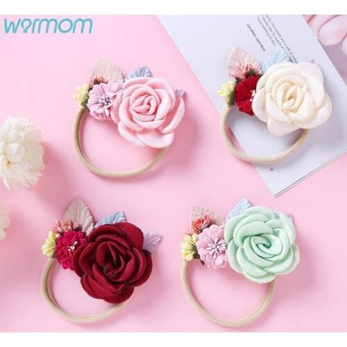 Warmom Pink Flower Seamless Nylon Baby Headband Kids Girls Hair Accessories Handmade Fabric Stitching Hair Band Kids Turban